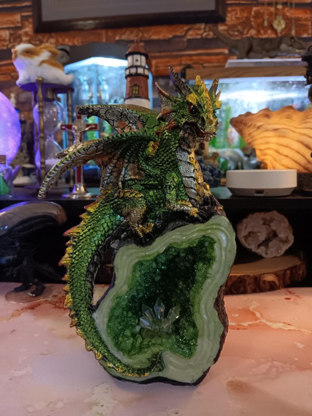 Green Dragon with Faux Crystal 8" Fantasy Figure Gorgeous ! New! Very Unique !